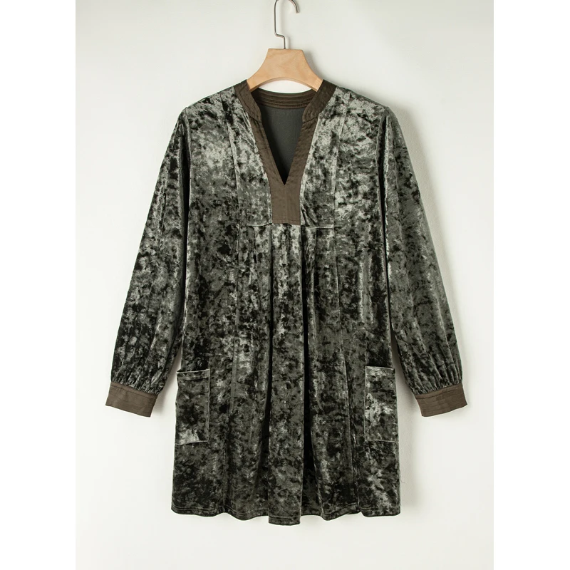 Dear-Lover OEM ODM Wholesale Fashion New Elegant Loose Long Sleeve V Neck Mini Short Casual Velvet Dresses Women