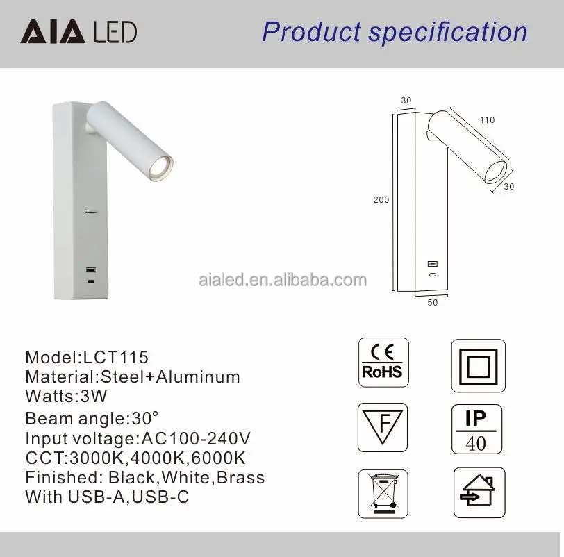 Adjustable modern wall mounted headboard reading wall lamp reading light flexible bedside wall lights USB type-C for villa hotel