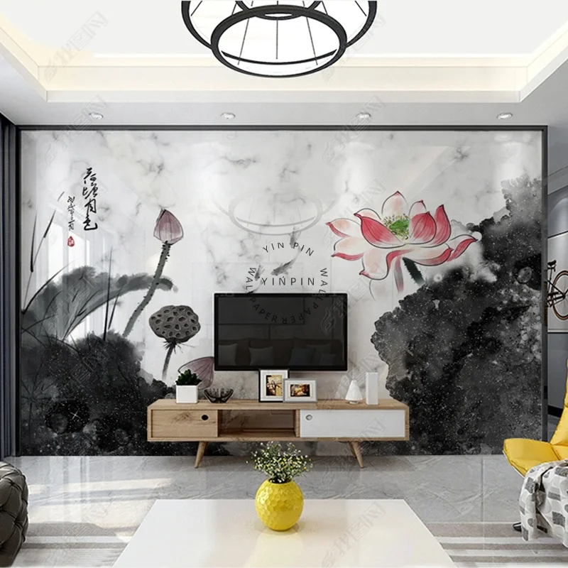 Chinese style lotus pond moonlight lotus ink painting mural vinyl wallpaper