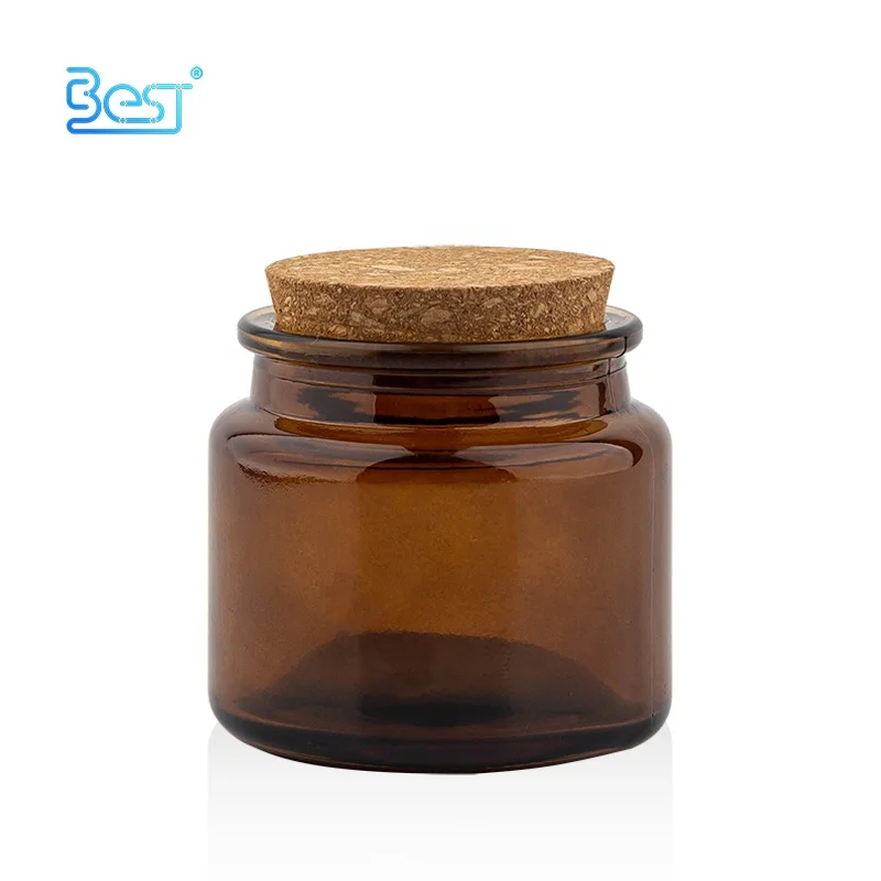 Made in China Wholesale 100 g Wide Mouth Container Amber Glass Bottles for Candles with Cork Lid