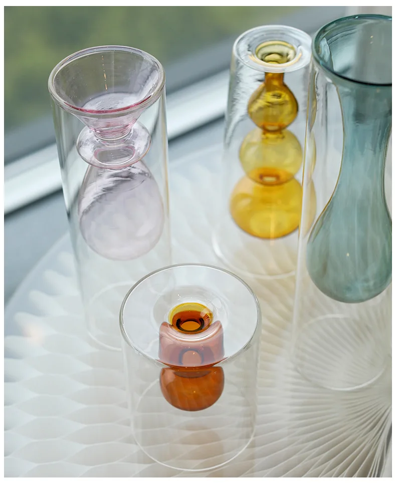 Nordic ins modern minimalist stained creative art personality double glass transparent flower vase