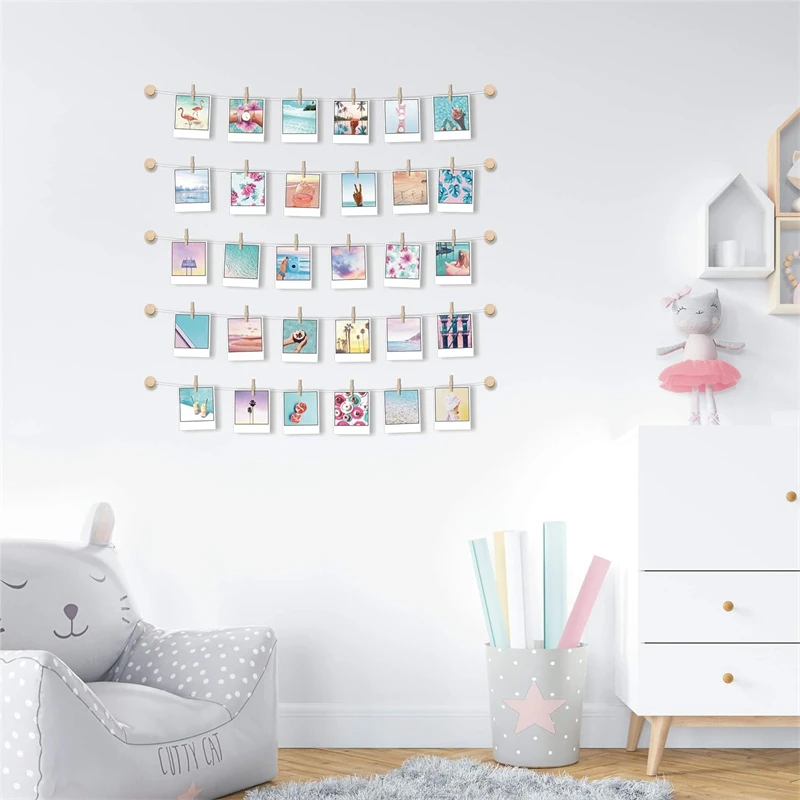 Strings with 30 Clips Self Adhesive Hooks Hanging Photo Display Room Wall Decor Sculptural Picture Frames Collage