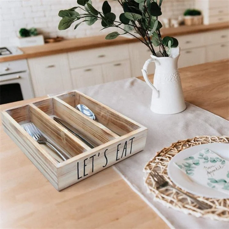 Custom Three Lattice Wooden Bar Caddy For Spoon Fork Knife Straw Kitchen Tableware Storage