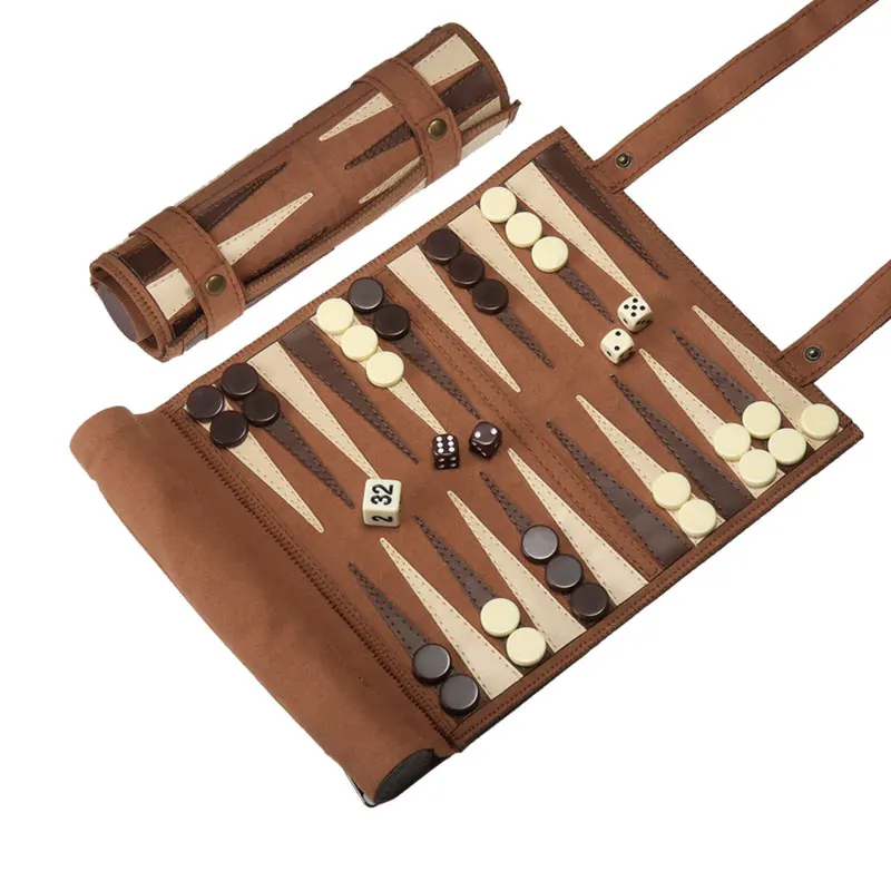 Custom Logo Outdoor Pu Leather Roll Up Backgammon Chess Board Roll Up Chess Game Set