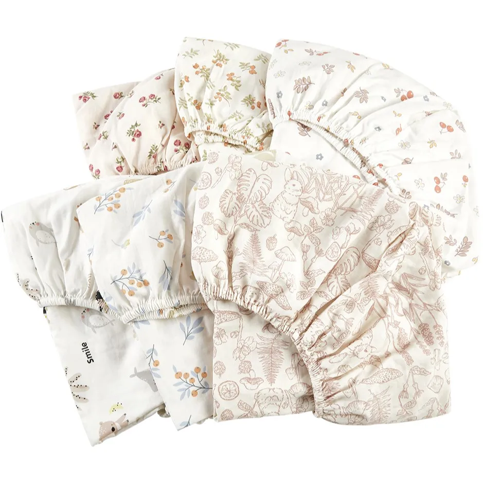 Low MOQ 100% Soft Muslin Crib Sheets Cotton Baby Fitted Crib Sheet