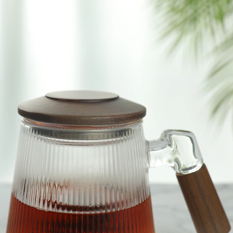 New Popular Quality Wooden Handle Glass Tea Mug With Infuser And Lid Glass Coffee Filter Teapot Strainers Cup for Office Home
