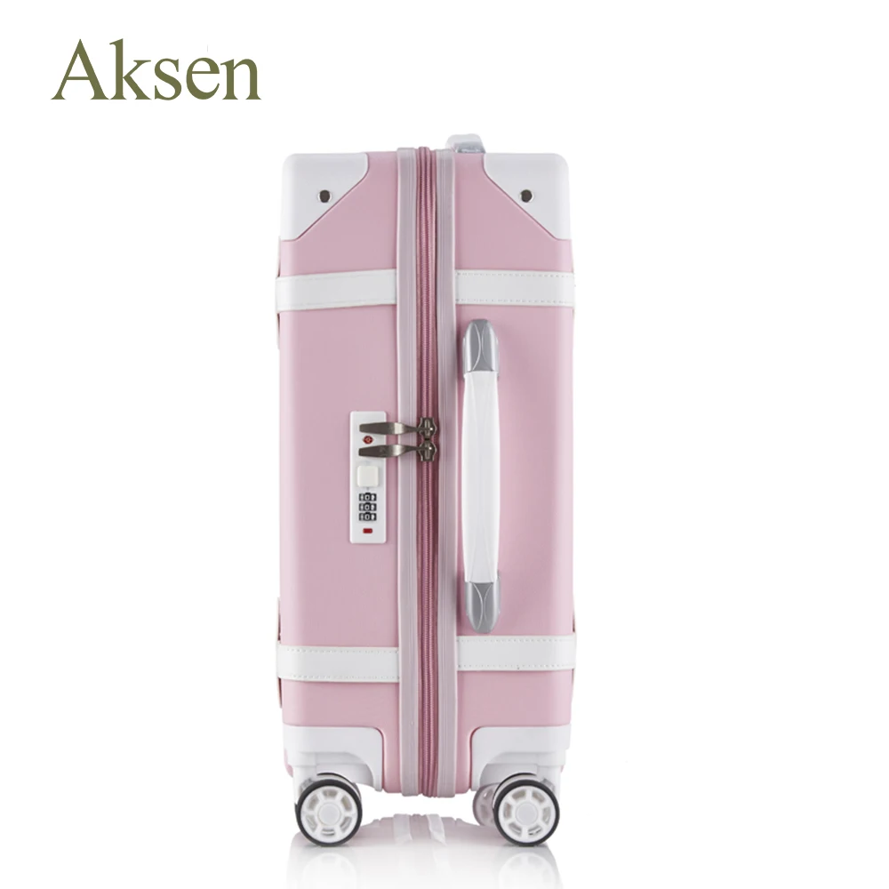 Classic Vintage Carry-on Trolley Suitcases Genuine PU Leather Pink TSA Lock Retro Trunk Trolley Luggage