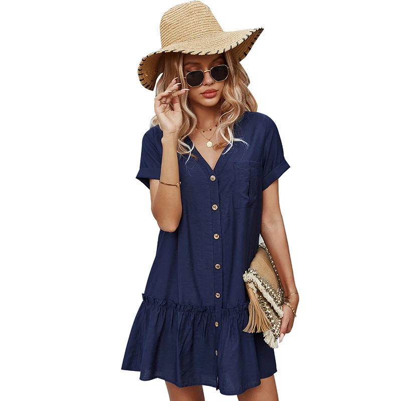 African Womens Designer Clothes Summer  Casual Short Sleeves V Neck Single Breasted Loose A Line Sexy Mini Dress