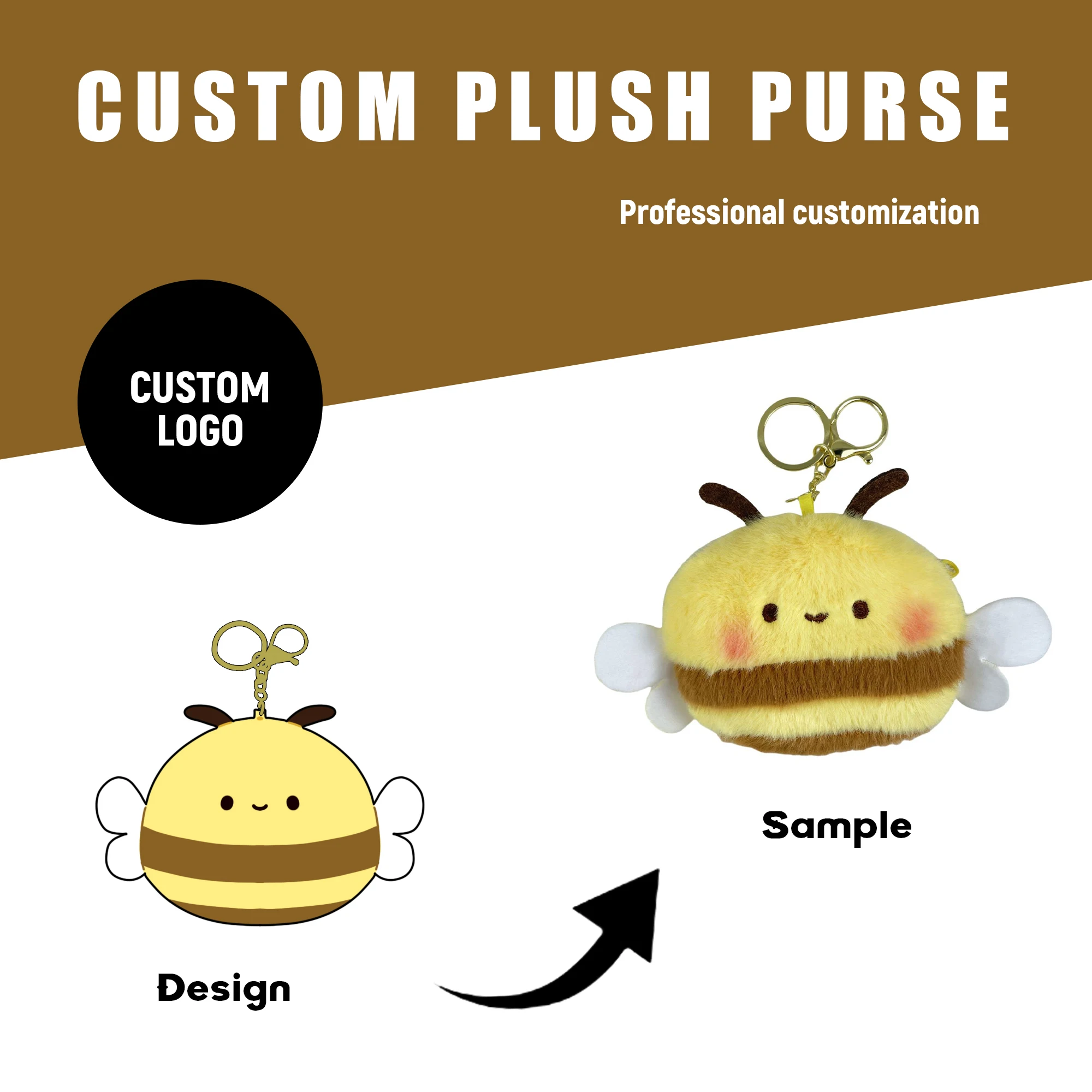 Wholesale Cute Bee Animal Embroidery Mini Custom Plush Coin Purse Keychain Stuffed Toys Wallet