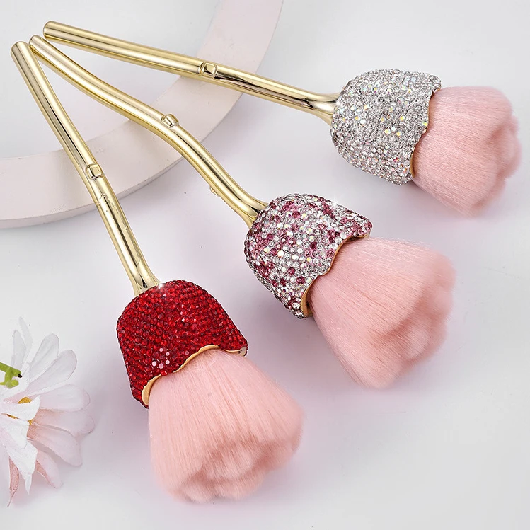 New Soft Rose Shape Remover Long Rhinestone Handle UV Gel Nail Dust Cleaner Brushes Makeup Brush Manicure Tool for Cleaning