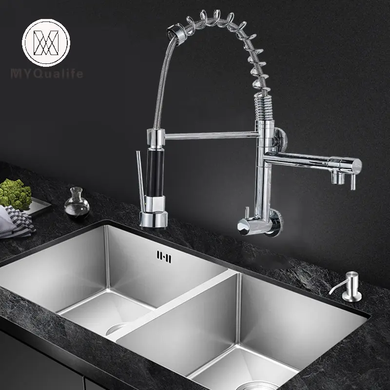 Luxury Gold Brass Two Ways Pull Down Shower Sprayer 304 Stainless Steel Spring Double Handles Kitchen Sink Taps Faucet