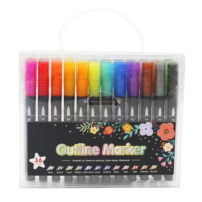 Vibrant Outline Marker Pack - 12/24/36/48 Assorted Colors, Durable Alcohol Ink, Quick Dry, Ideal for Journaling, and Art Project