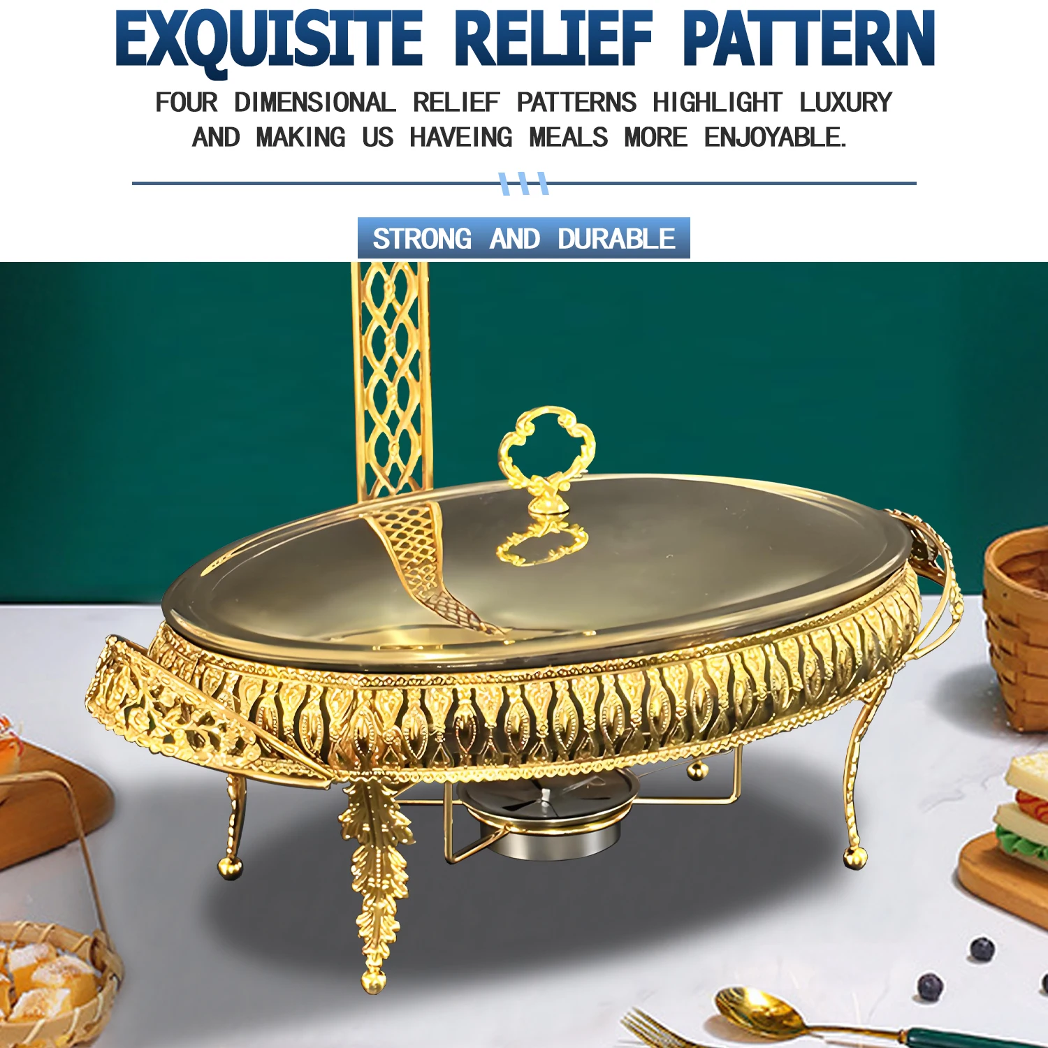 YITIAN Luxury High Quality Glass Chaffing Dishes Cheffing Dish Food Warmer Metal Egg Shape Gold Chafing Dish Buffet Set