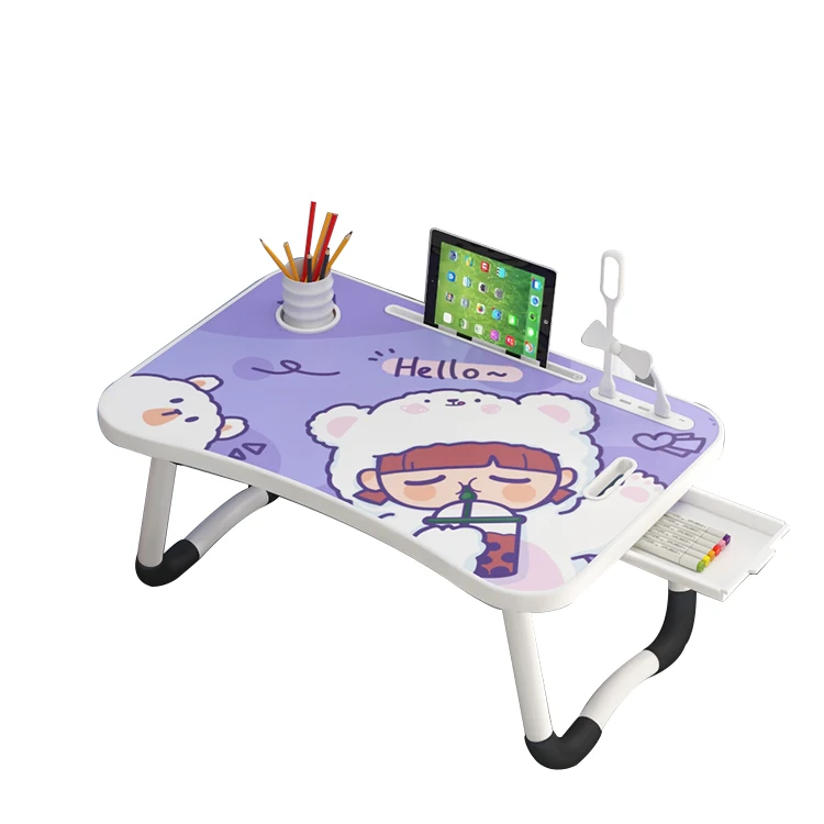 Portable Folding Sheep Head Girl Pattern Laptop Table With Drawer And Card Slot