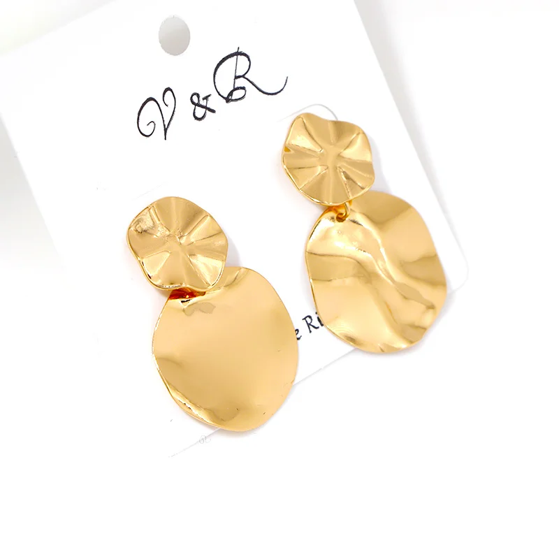 V&R Gold Plated Geometric Wave Hammered Textured Metal Plate Drop Dangle Earring for Women