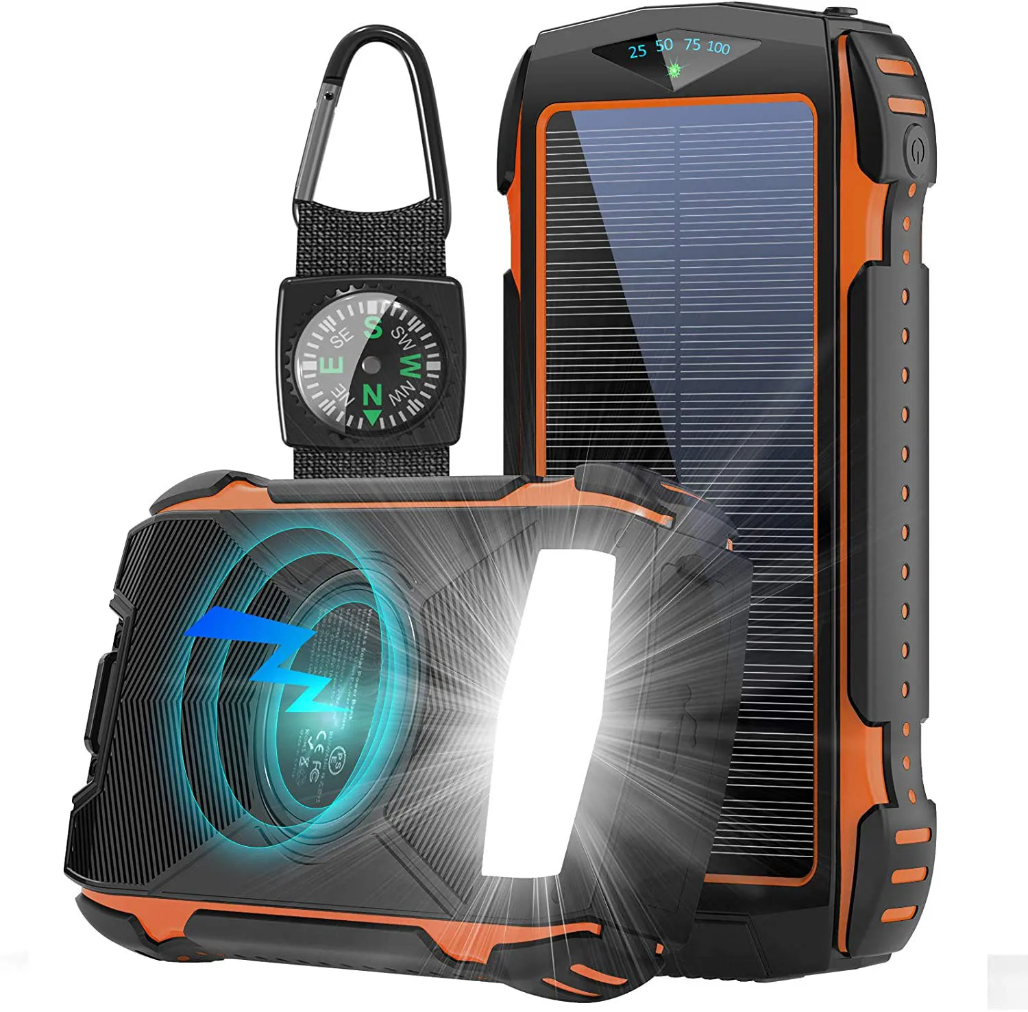 10000mAh Qi wireless charger with led flashlight outdoor rugged case Solar power bank PN-W20