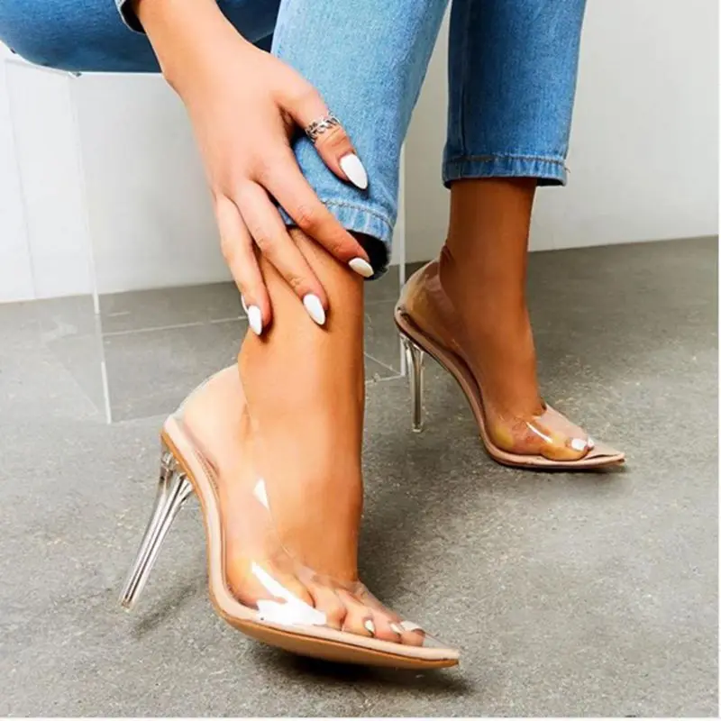 Mules Chaussures Femmes Size 42 Nude Sandals New Design Transparent PVC Heels for Ladies