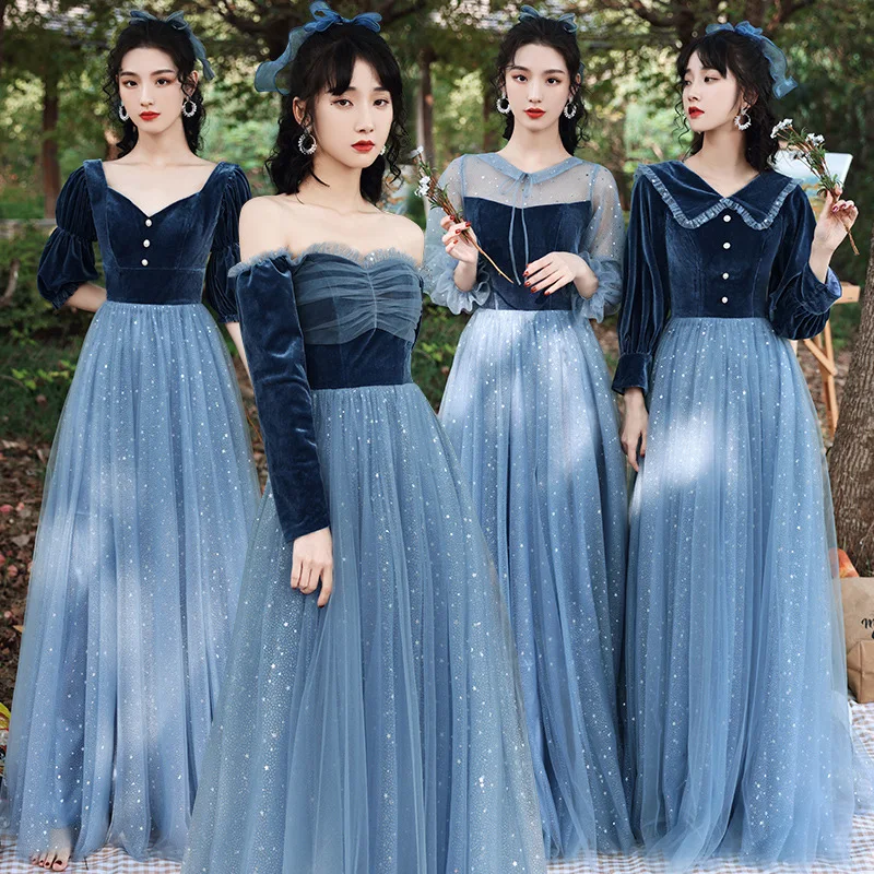 Bridesmaid dress for autumn and winter new starry sky bule sister group long evening dress performance dress  AG2592