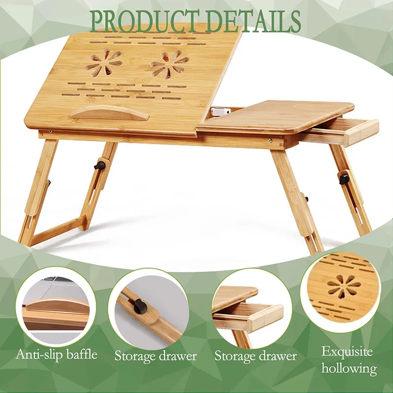 Bed Reading Table Stand Tray Laptop Table Drawer Adjustable Bamboo Home Furniture Carton Laptop Desk Computer Desk