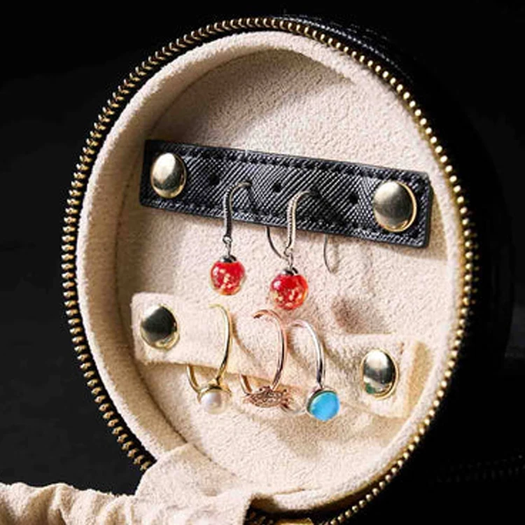 Women Storage Jewelry Box PU Round Travel Jewelry Case Small Leather Rings Studs Jewelry Case with Pouch inside