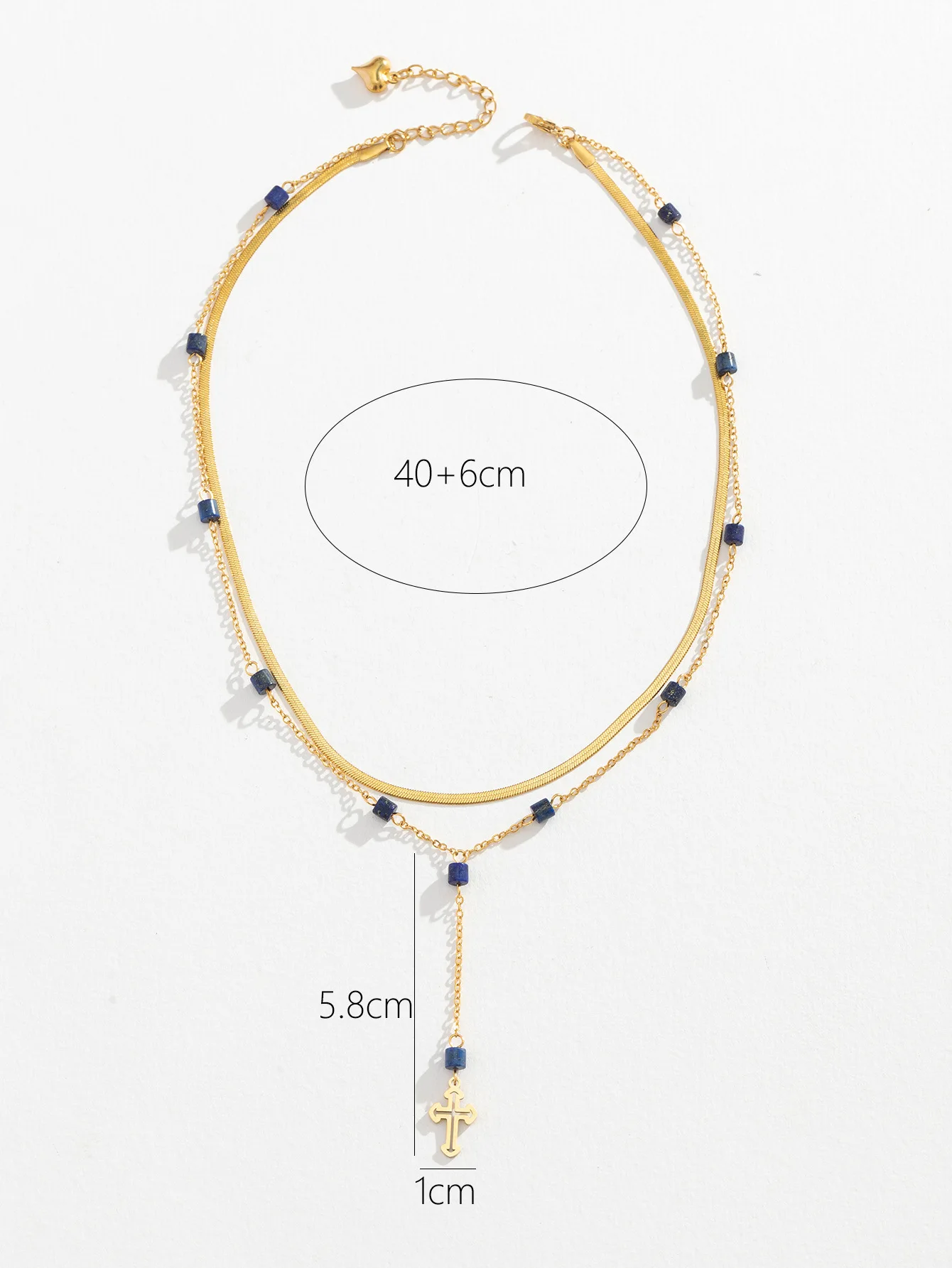 Lapis Cross Necklace 18K Gold Plated Stainless Steel Dripping Oil Double Layered Chain Choker Non Tarnish Waterproof
