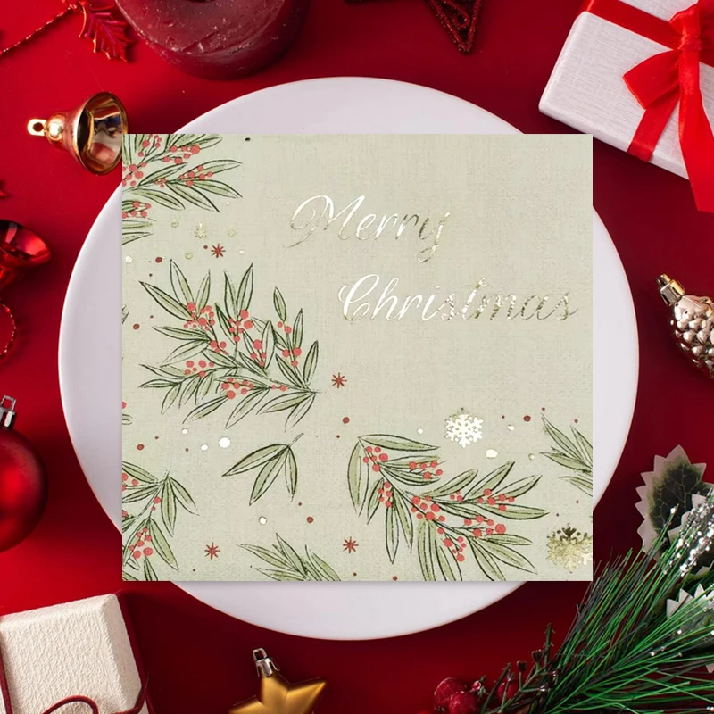 Anyou Khaki Golden Foil Stamping Merry Christmas Paper Napkin Soft Disposable Customized  Available for Family Celebration Party