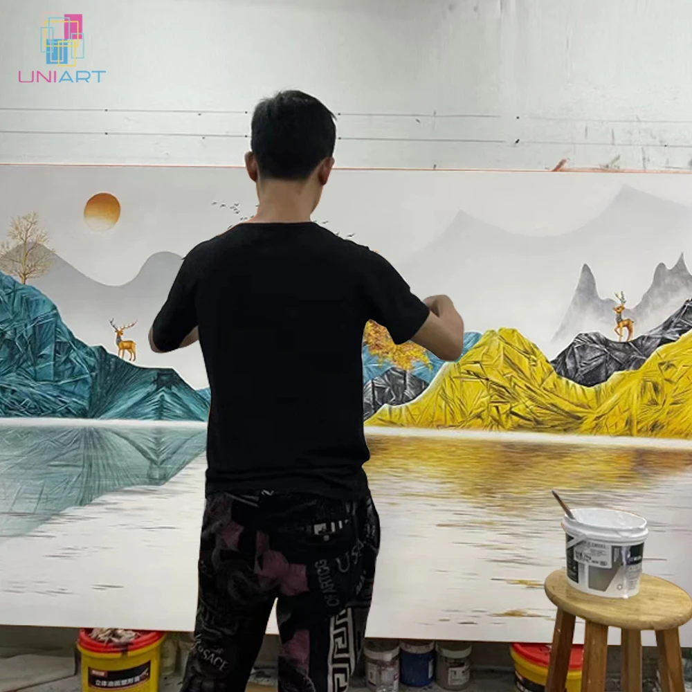 UNIART оригинальный чистый Сюрреализм ручной работы речная Лодка Пейзаж акриловый Холст Картина маслом Золотой пейзаж Ручная роспись