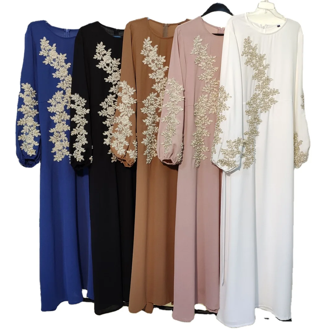 Fashion luxury embroidery lace pearl Islamic dress female Muslim Maxi Dubai abaya dress
