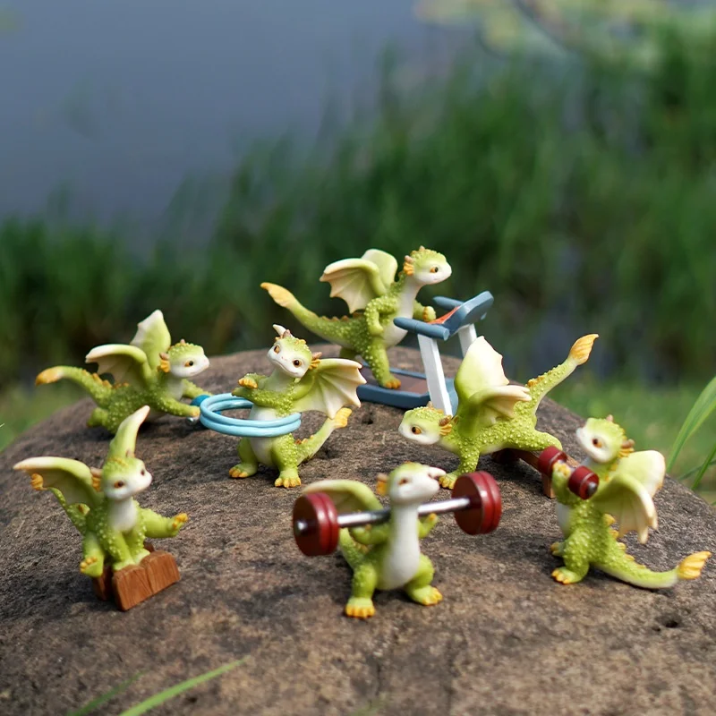 Z17183A Home Decor Cartoon Adorable Weightlifting Dinsaur Figurine Green Sport Dragon resin Statue