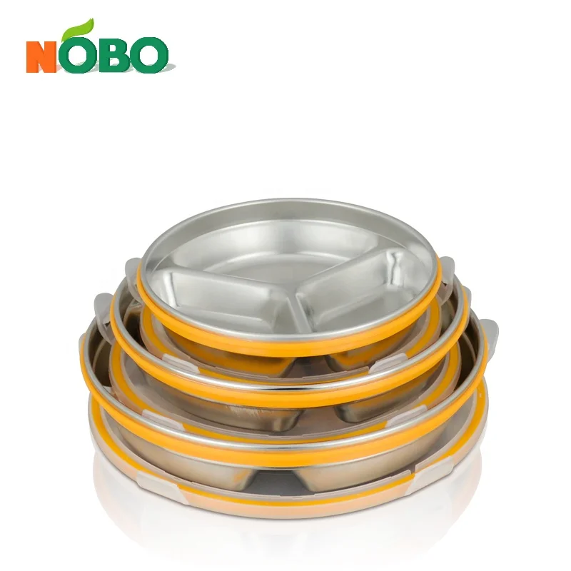 Healthy School Portable Compartment Metal Food Lunch Mess Stainless Steel Kids Dinner Plates with Lids