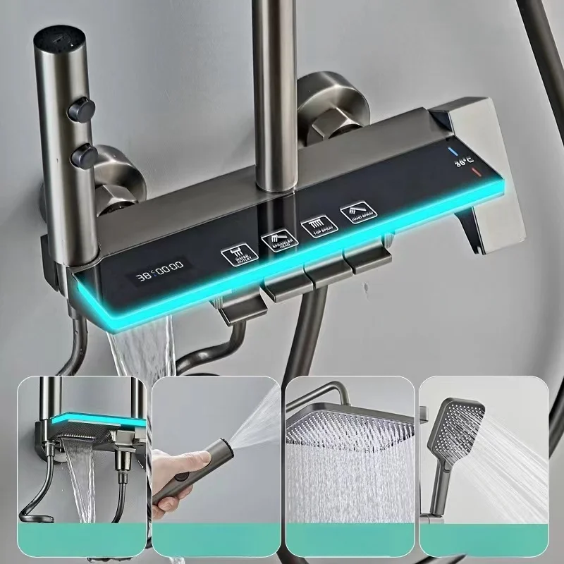 Bathroom Full Copper Shower Head Set with 5-Color Ambient Light Bath Booster Spray Thermostat Shower System