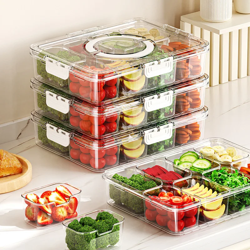 Kitchen PET Material Durable Stackable Transparent Food Storage Containers Clear Divided Serving Tray with Lid & Handle