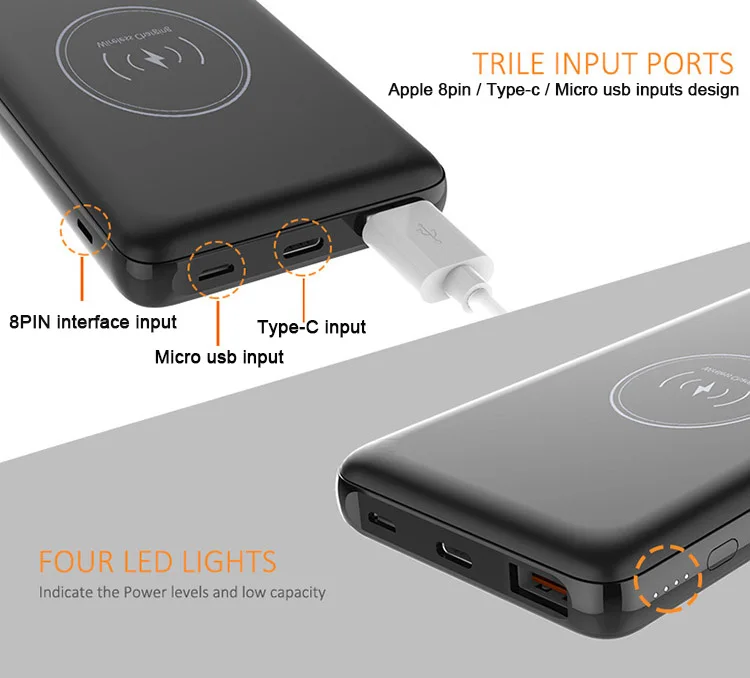 Портативное мини-зарядное устройство 2020 мАч 10000 18 Вт USB QC3.0 PD Type C с двумя выходами беспроводное быстрое зарядное для мобильного телефона внешний аккумулятор