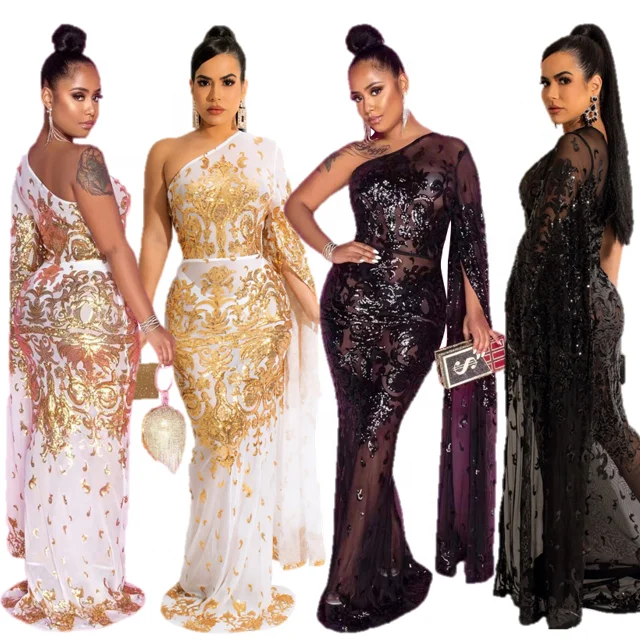 Women Party Dress One Shoulder Designer Luxury Evening Dresses  See Through Embroidery Sequin Party Night Evening Dress 3XL