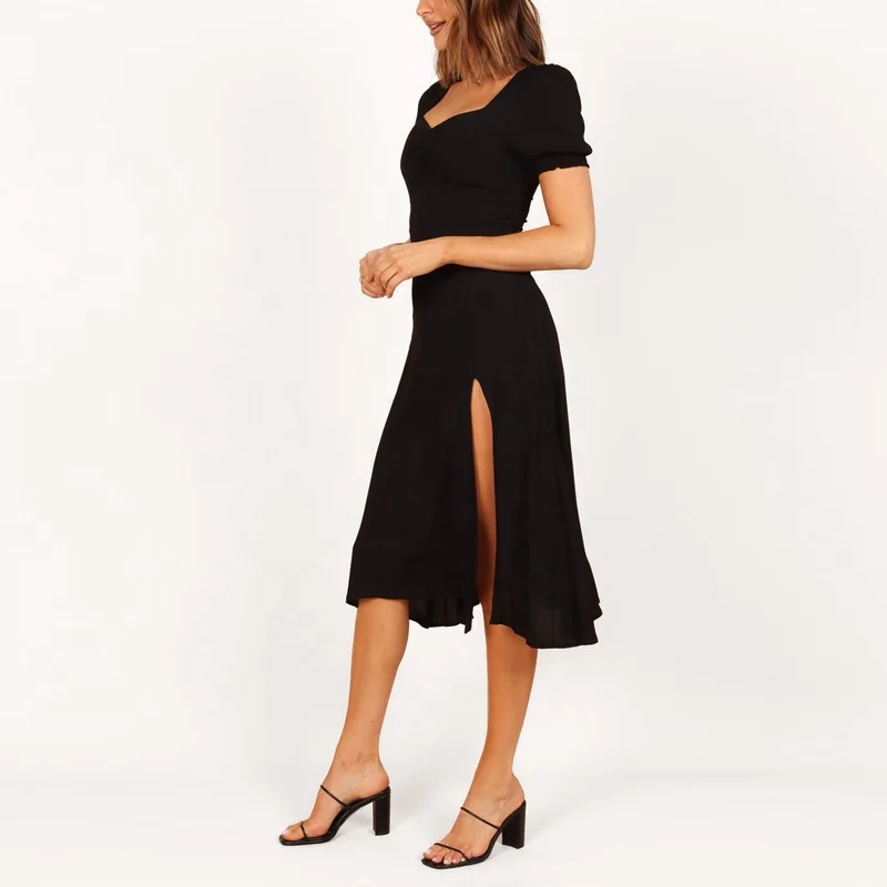 Custom Puff Short Sleeve Square Slit Midi Elegant Lady Dresses Ruffle Hem Black Dress For Women