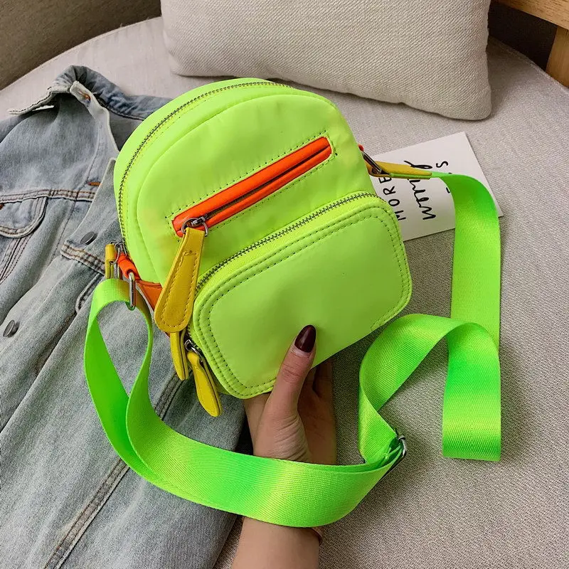 Wholesale Fashionable Color Block Wide Strap Cute Girls Crossbody Bag Nylon Neon Purse