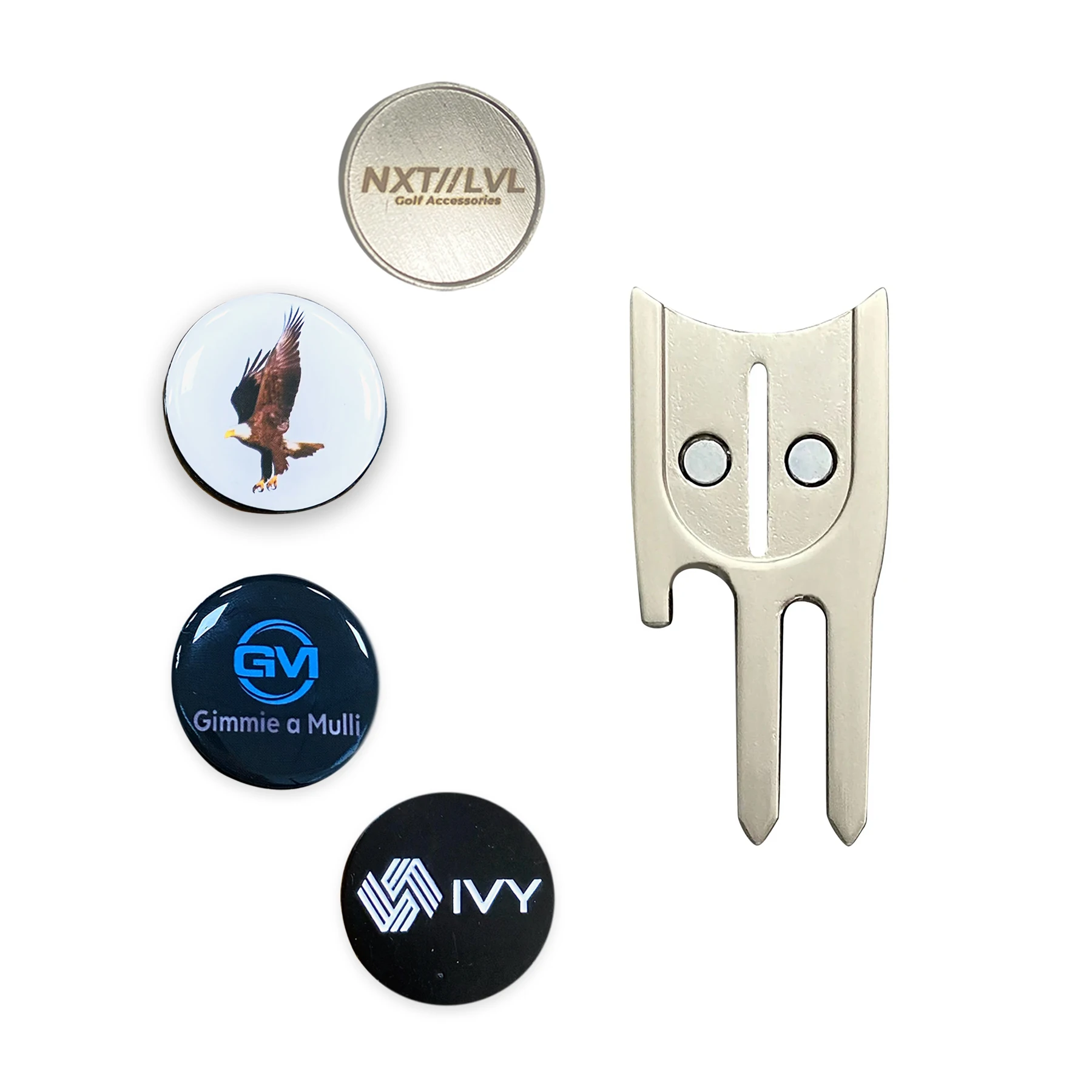Custom logo magnetic golf ball marker and 6-in-1 multipurpose golf divot tool all metal golf pitchfork