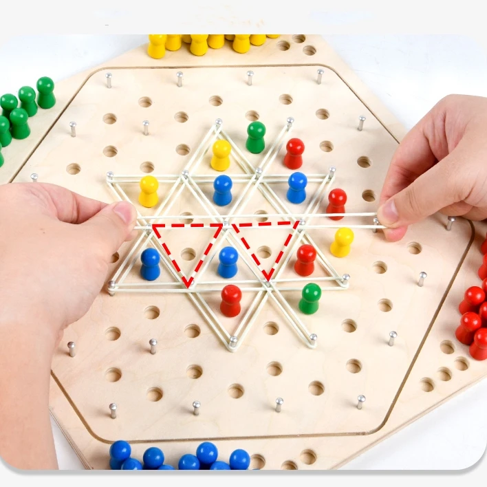 Family Board Brainteaser Strategy Games Chain Triangle Chess Game with Rubber Bands