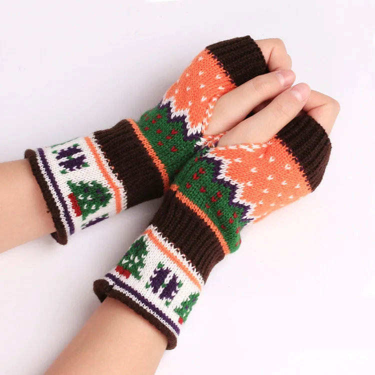 Women Winter Warm Knit Fingerless Gloves Hand Crochet Thumbhole Christmas Arm Warmers Mittens Gift