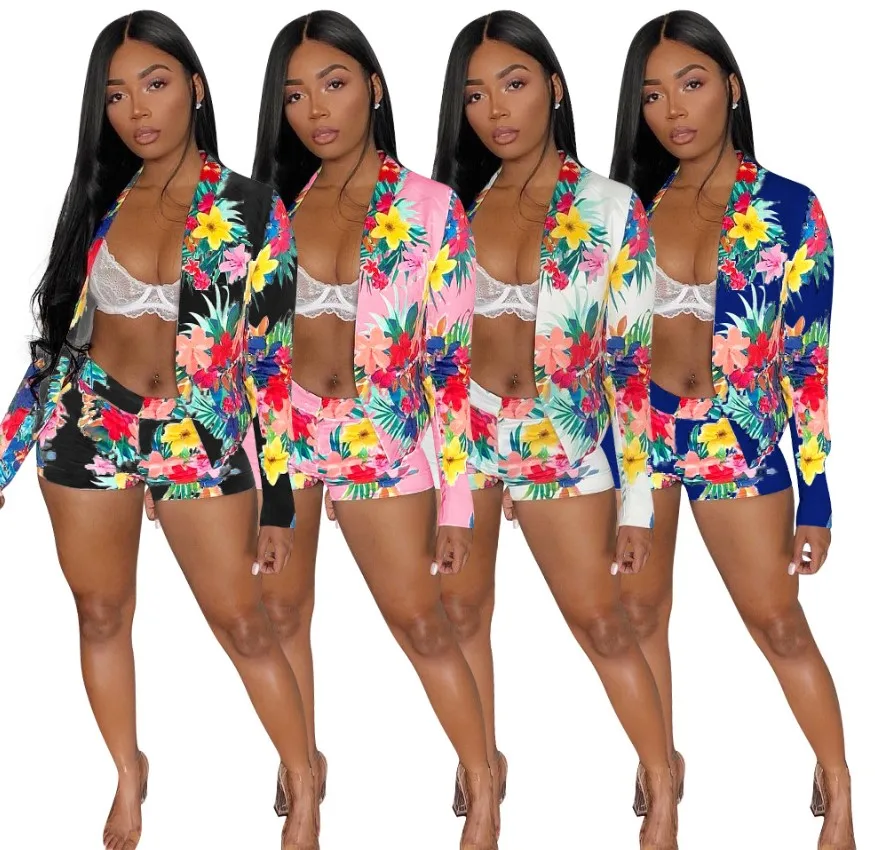 
2021 summer clothing plus size 3xl 4colors ol office ladies flora blazer + shorts two piece outfit blazer women suit 