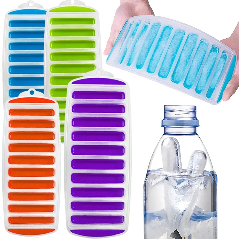 Silicone Ice Cube Tray With Lid Long Strip 10 Grid Cylindrical Ice Tray Making Mold Water Bottle Ice Cube Tray For Freezer