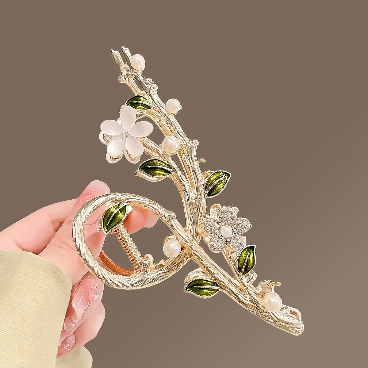 Fashion  Gold Stone Diamond Pearls  Branch Flower Catcher Clips Alloy Metal Hair Accessories Wholesale Hair Claw Clip