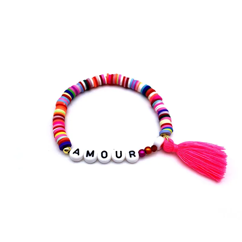 Soft Pottery Polymer Clay Bracelets Colorful Beads Shell Tassel charm Bracelet Beach Charm Elastic beads bracelet