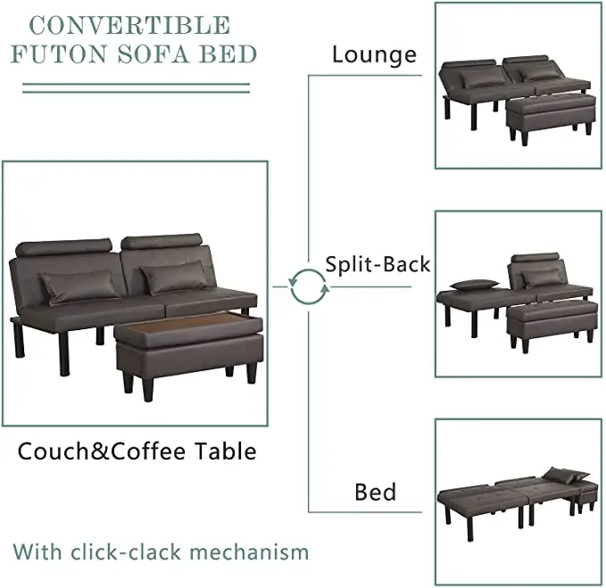 Futon Sofa Bed Tufted Loveseat Futon Couch with Ottoman/Coffee Table, Convertible Folding Recliner Sleeper