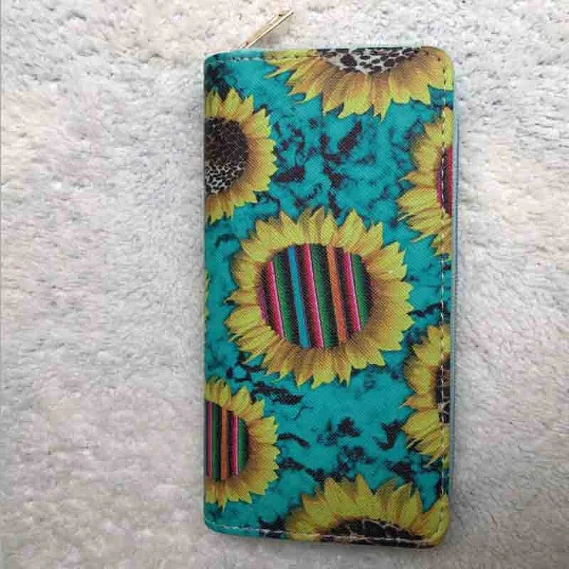 PU Leather Western Sunflower Clutch Women Sewing Pattern Compact Wallet Sublimation Turquoise Zip Around Wallet
