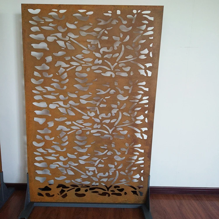 Corten rusted steel decorative garden screens with support frames