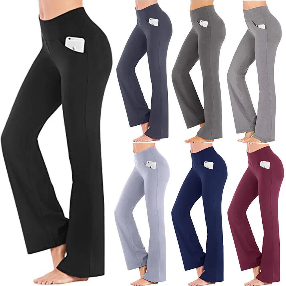 Women Casual Bootleg Gym Leggings High Waisted Butt Lift Flare Workout Pants Yoga Wear Pockets Tights