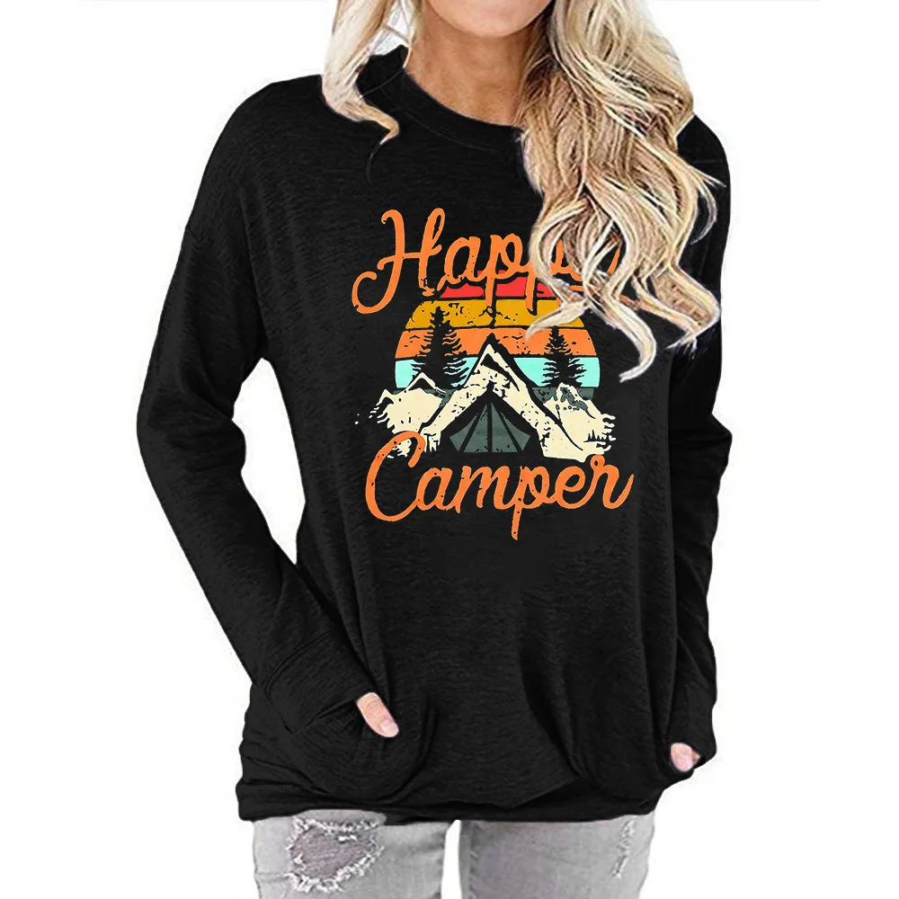 
Wholesale Women Loose Happy Comper Crew Neck Sweatshirt with Pockets female t-shirt 