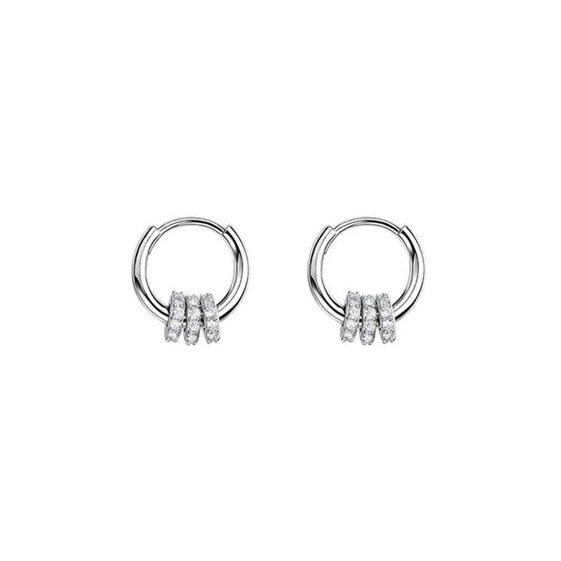 Korea Style Simple Earrings Jewelry Bulk Women Tiny Trendy Silver Color Geometric Three Circle Rhinestone Hoop Huggie Earrings