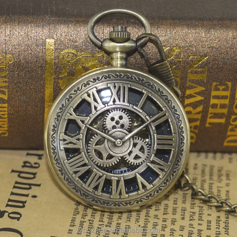 Time Gear Mechanical Watch Antique Hollow Roman Letter Flip Mechanical Pocket Watch